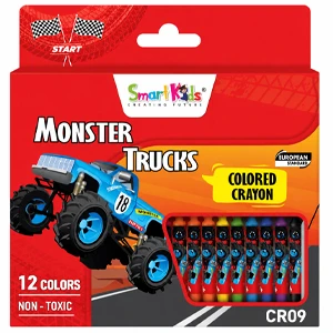 Smart Kids Monster Trucks Printed Design 12-Color Washable Wax Crayon Set for Kids – Safe Non-Toxic Drawing & Coloring Crayons (CR09)